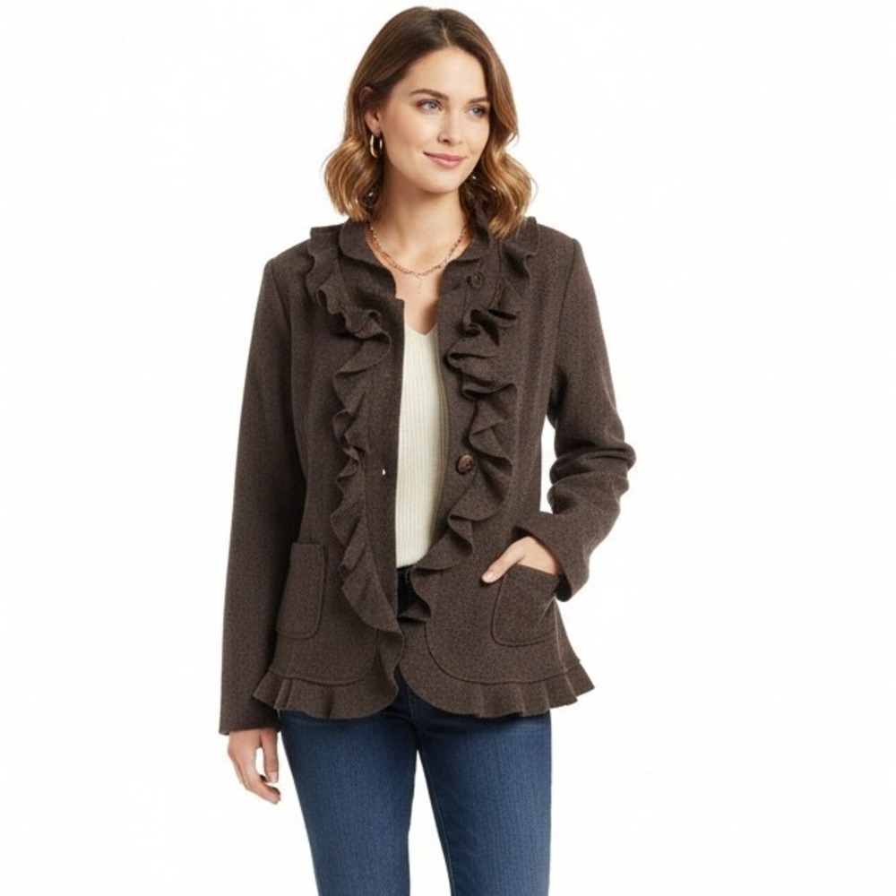 Vintage SUSAN BRISTOL L 100% Felted Wool Chocolate Brown Ruffle Front Cardigan